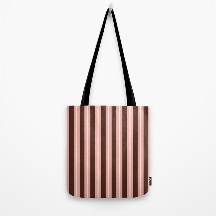 Old Fashioned Double Stripes Brown Pink Cream Narrow Vertical Stripe Pattern Tote Bag Gallery Image 2