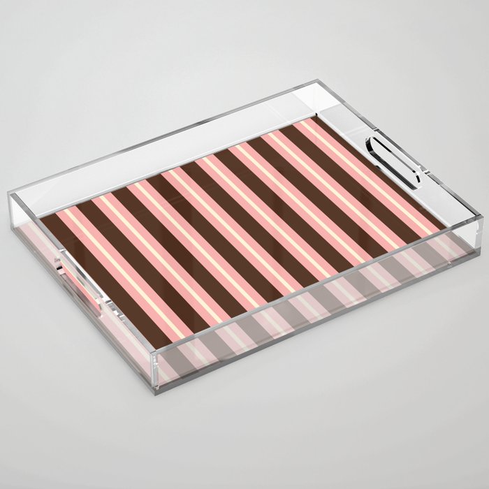 Old Fashioned Double Stripes Brown Pink Cream Narrow Vertical Stripe Pattern Acrylic Tray Gallery Image 1