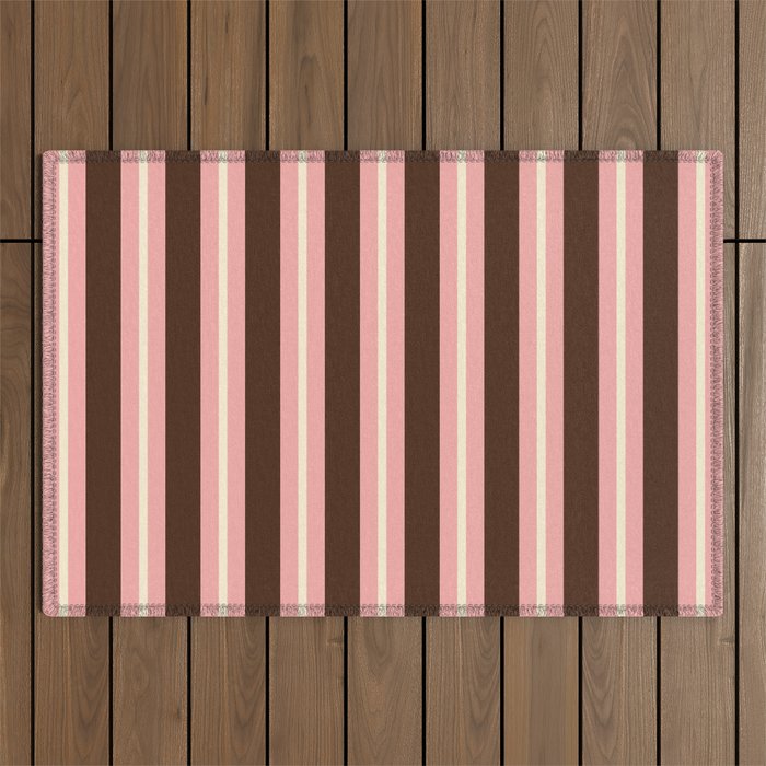 Old Fashioned Double Stripes Brown Pink Cream Narrow Vertical Stripe Pattern Outdoor Rug Gallery Image 1