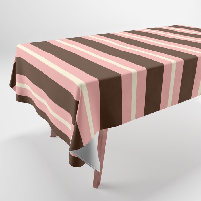 Old Fashioned Double Stripes Brown Pink Cream Narrow Vertical Stripe Pattern Tablecloth Gallery Image 1