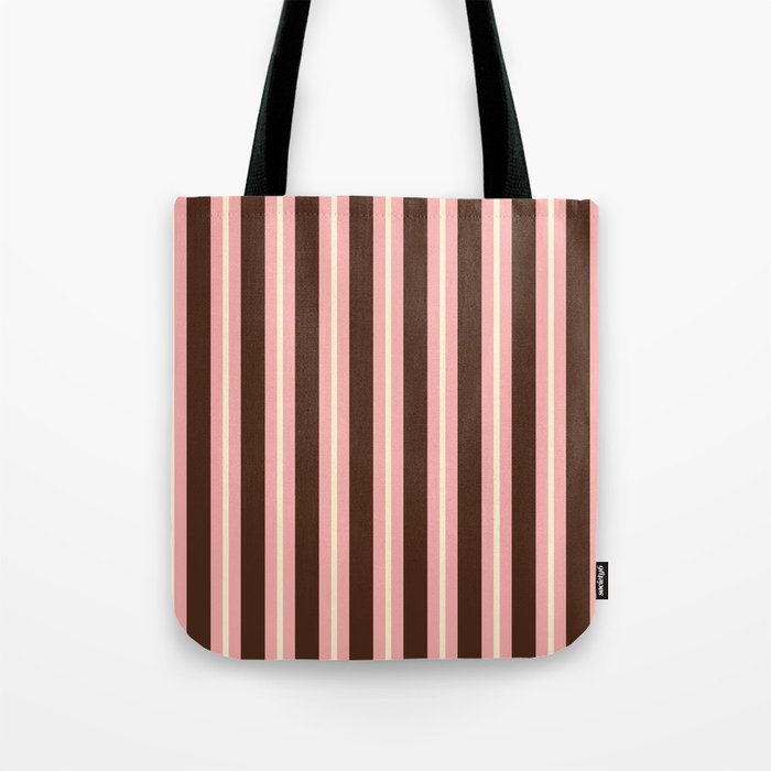 Old Fashioned Double Stripes Brown Pink Cream Narrow Vertical Stripe Pattern Tote Bag Gallery Image 1