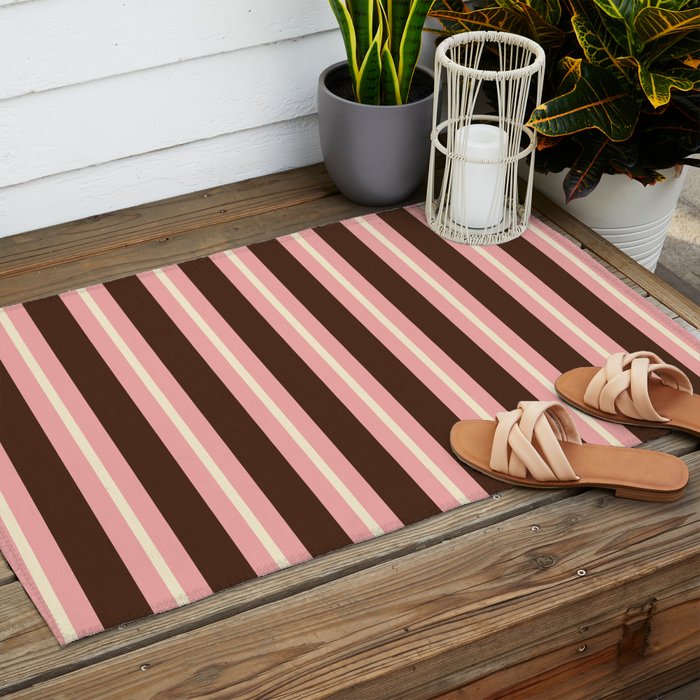 Old Fashioned Double Stripes Brown Pink Cream Narrow Vertical Stripe Pattern Outdoor Rug Gallery Image 2