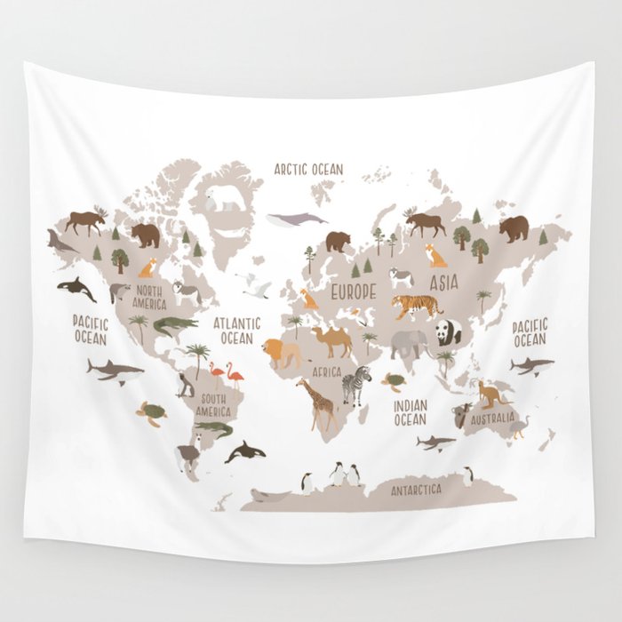 Kids World Map with Animals in White Wall Tapestry Gallery Image 1