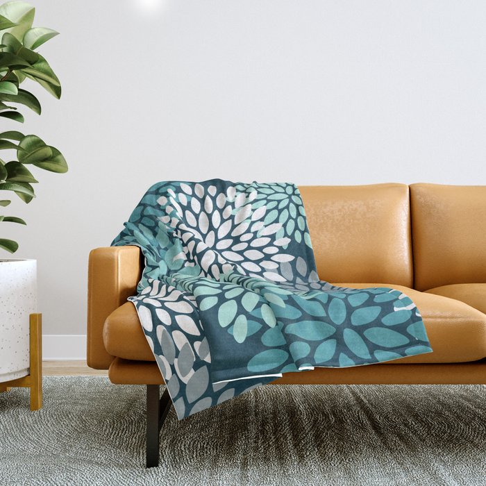 Modern Flowers Print, Teal and White Throw Blanket Gallery Image 1