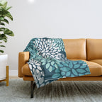 Modern Flowers Print, Teal and White Throw Blanket Gallery Image 1