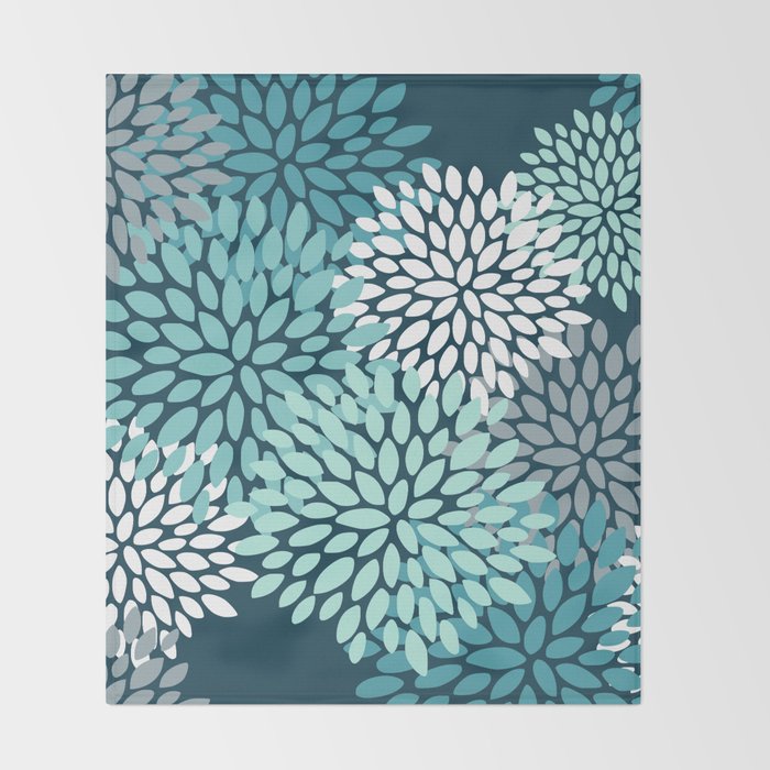 Modern Flowers Print, Teal and White Throw Blanket Gallery Image 2