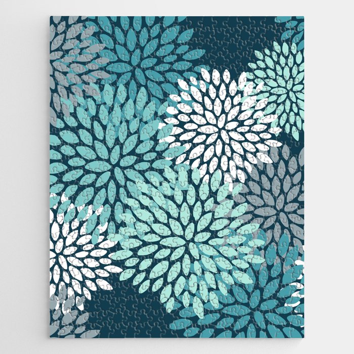Modern Flowers Print, Teal and White Jigsaw Puzzle Gallery Image 1