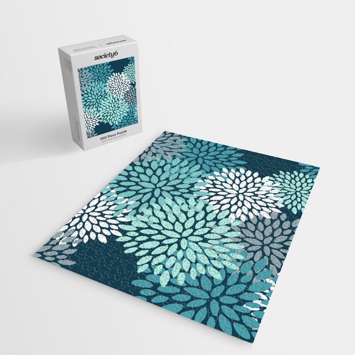 Modern Flowers Print, Teal and White Jigsaw Puzzle Gallery Image 2
