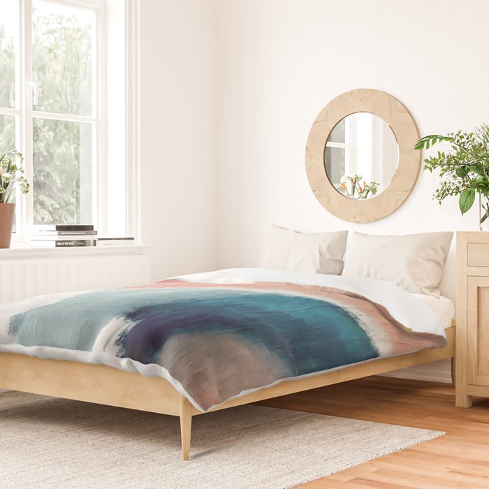 Exhale: a pretty, minimal, acrylic piece in pinks, blues, and gold Duvet Cover Gallery Image 2