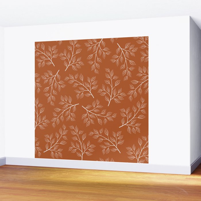 Delicate White Leaves and Branch on a Rust Orange Background Wall Mural Gallery Image 2