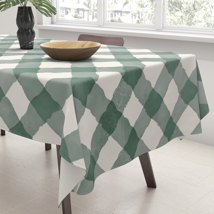Hand Painted Dark Green Festive Gingham Theme Tablecloth Gallery Image 3