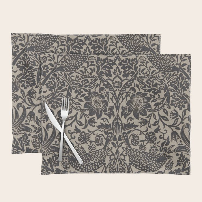 William Morris Pure Strawberry Thief Black Gilver Graphite Pattern Placemat Gallery Image 1