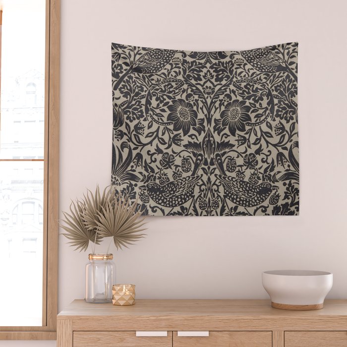 William Morris Pure Strawberry Thief Black Gilver Graphite Pattern Wall Tapestry Gallery Image 2