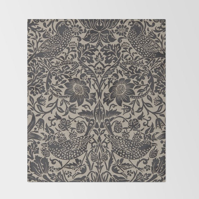 William Morris Pure Strawberry Thief Black Gilver Graphite Pattern Throw Blanket Gallery Image 2