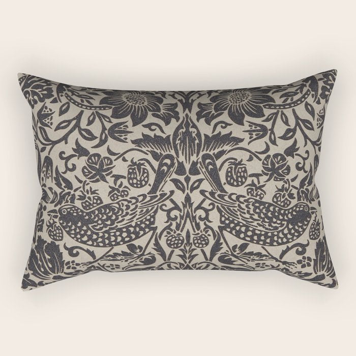 William Morris Pure Strawberry Thief Black Gilver Graphite Pattern Rectangular Pillow Gallery Image 1