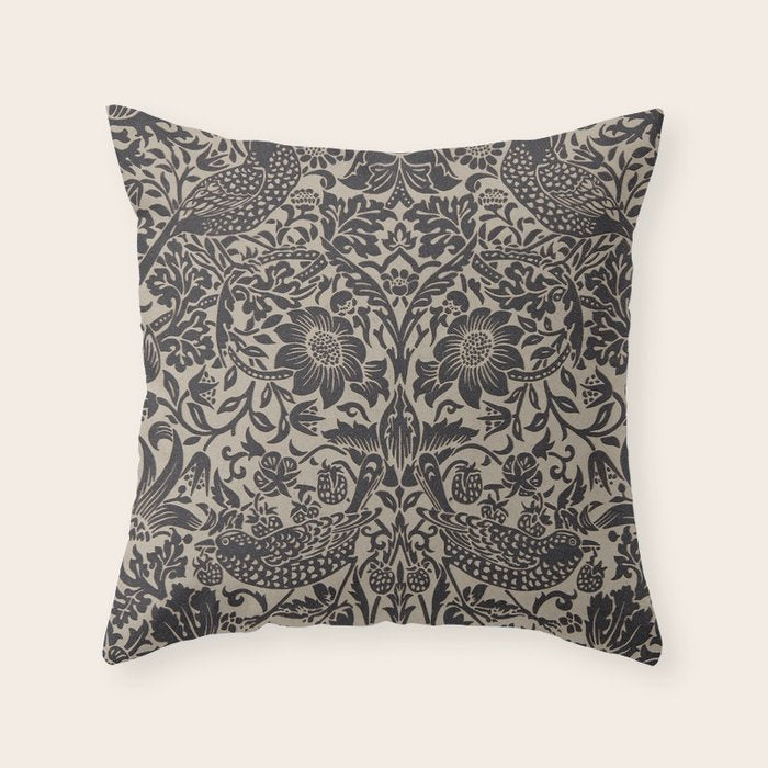William Morris Pure Strawberry Thief Black Gilver Graphite Pattern Throw Pillow Gallery Image 1
