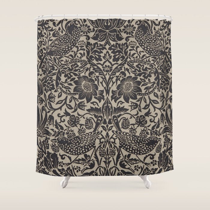 William Morris Pure Strawberry Thief Black Gilver Graphite Pattern Shower Curtain Gallery Image 1