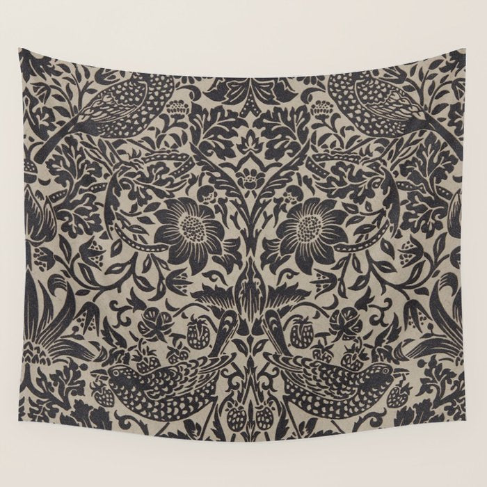William Morris Pure Strawberry Thief Black Gilver Graphite Pattern Wall Tapestry Gallery Image 4