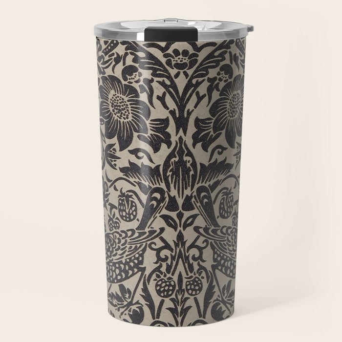 William Morris Pure Strawberry Thief Black Gilver Graphite Pattern Travel Mug Gallery Image 1