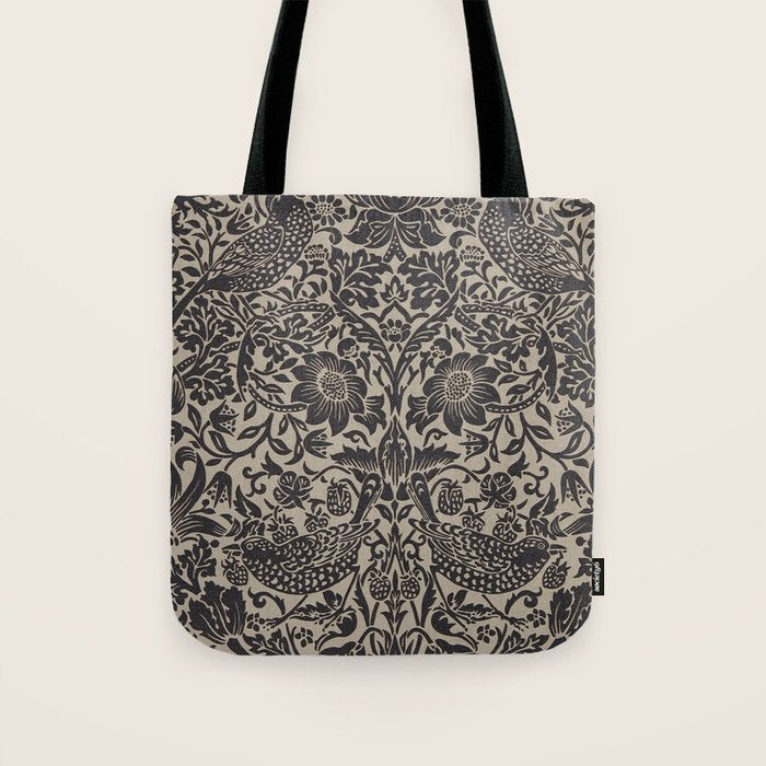 William Morris Pure Strawberry Thief Black Gilver Graphite Pattern Tote Bag Gallery Image 1