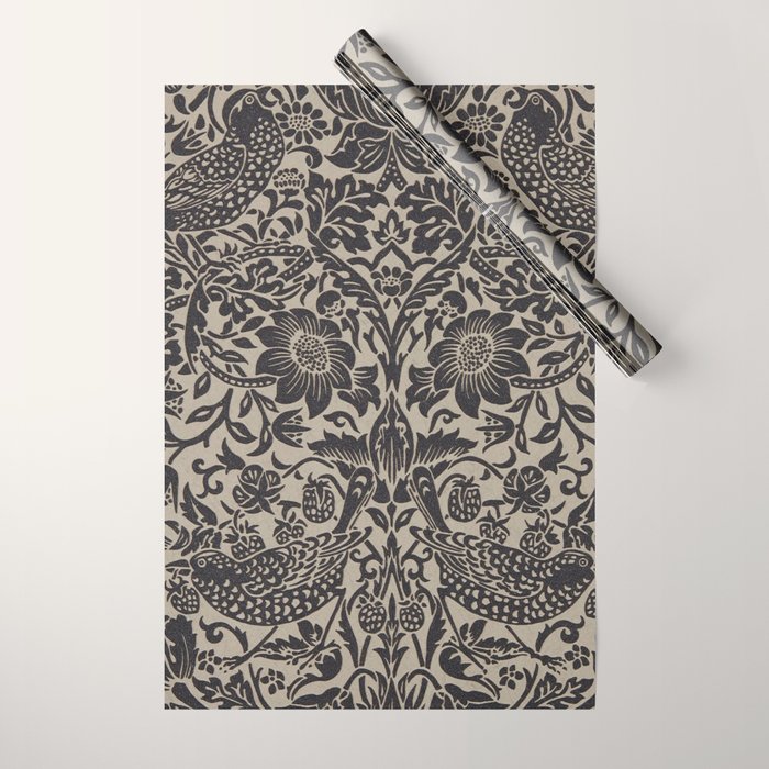 William Morris Pure Strawberry Thief Black Gilver Graphite Pattern Wrapping Paper Gallery Image 1