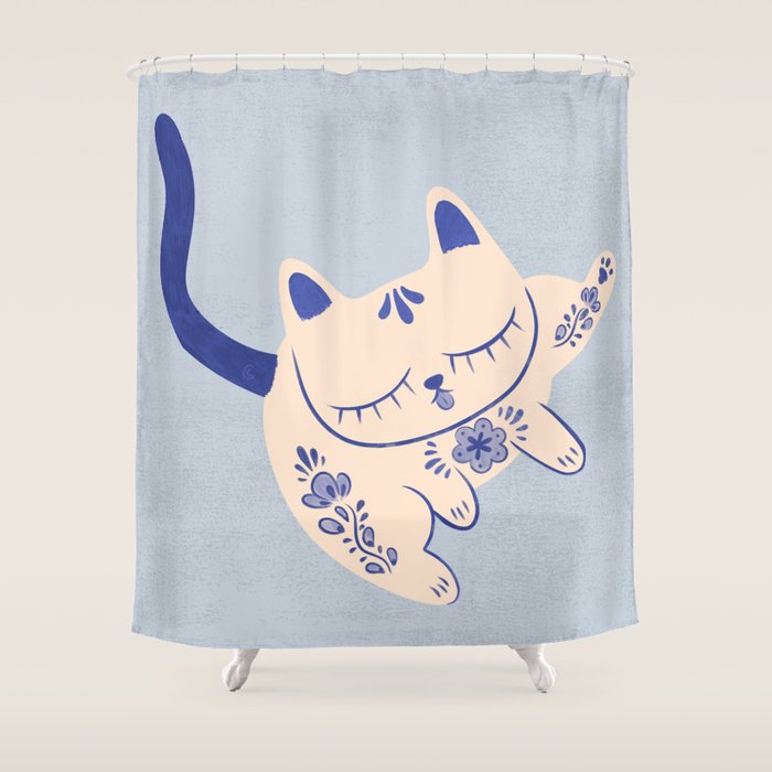 Purrcelin Cat Butt - Delft Porcelain Kitty Shower Curtain Gallery Image 1