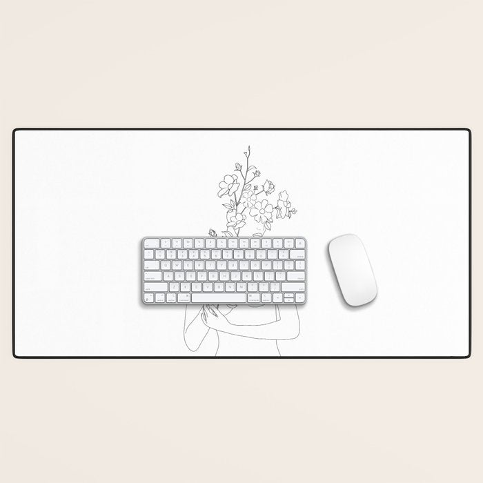 Minimal Line Art Woman with Wild Roses Desk Mat Gallery Image 1