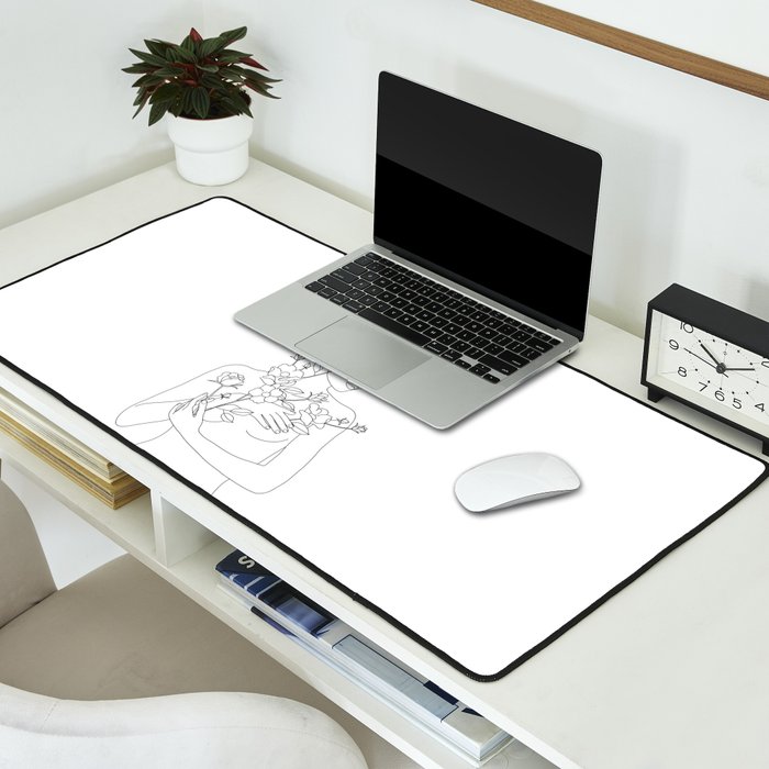 Minimal Line Art Woman with Wild Roses Desk Mat Gallery Image 2