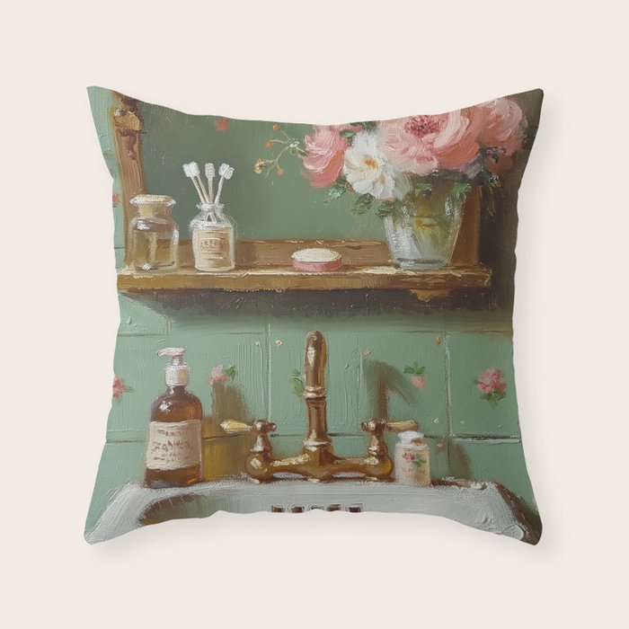 Vintage French Bathroom Vanity Throw Pillow Gallery Image 1