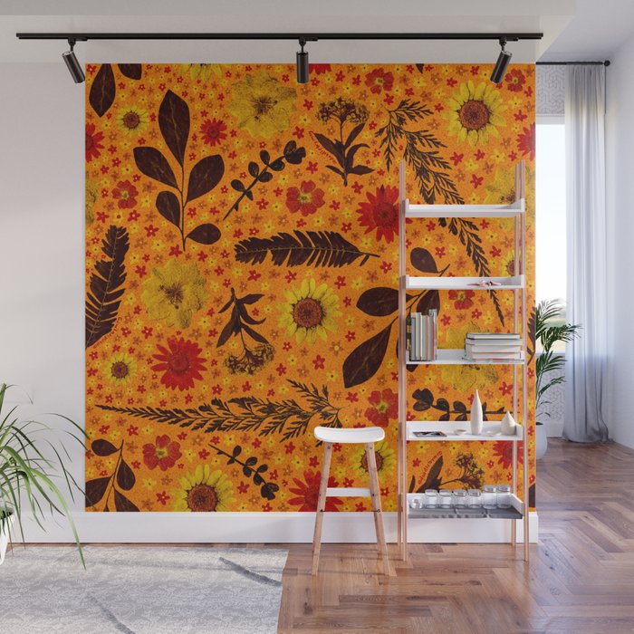 Dried Flower Print in Orange Wall Mural Gallery Image 1