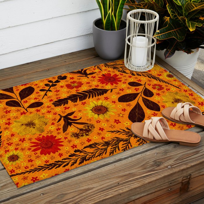Dried Flower Print in Orange Outdoor Rug Gallery Image 2