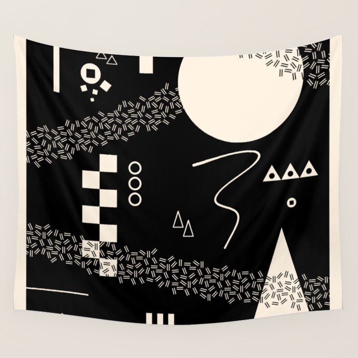 Memphis Redux New 80s Geometric Abstract Pattern in Black and Almond Cream Wall Tapestry Gallery Image 4