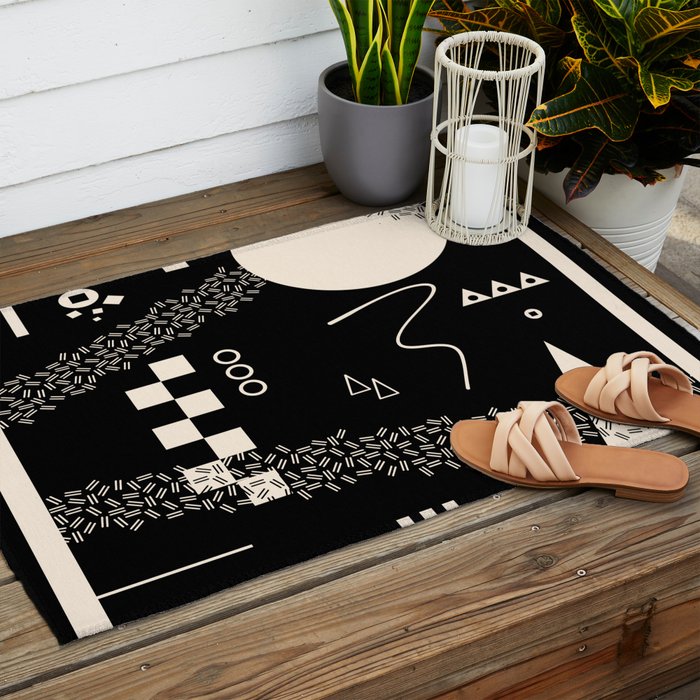 Memphis Redux New 80s Geometric Abstract Pattern in Black and Almond Cream Outdoor Rug Gallery Image 2