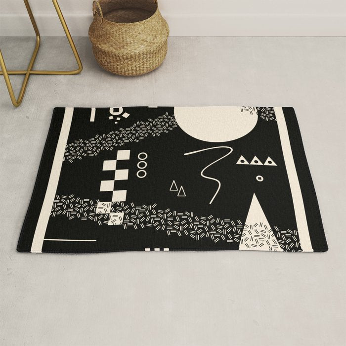 Memphis Redux New 80s Geometric Abstract Pattern in Black and Almond Cream Rug Gallery Image 1