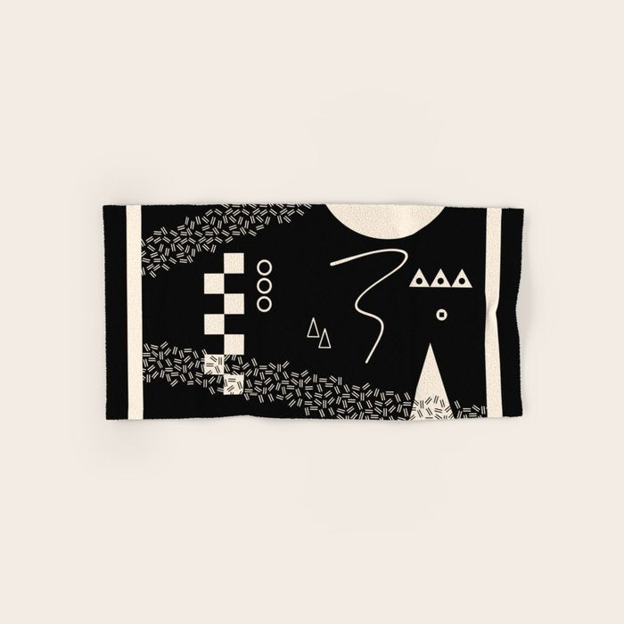 Memphis Redux New 80s Geometric Abstract Pattern in Black and Almond Cream Bath Towel Gallery Image 1