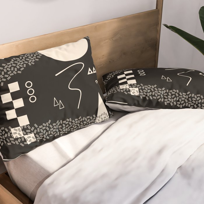 Memphis Redux New 80s Geometric Abstract Pattern in Black and Almond Cream Pillow Sham Gallery Image 2