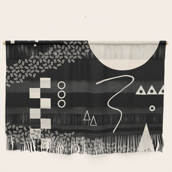 Memphis Redux New 80s Geometric Abstract Pattern in Black and Almond Cream Wall Hanging Gallery Image 1