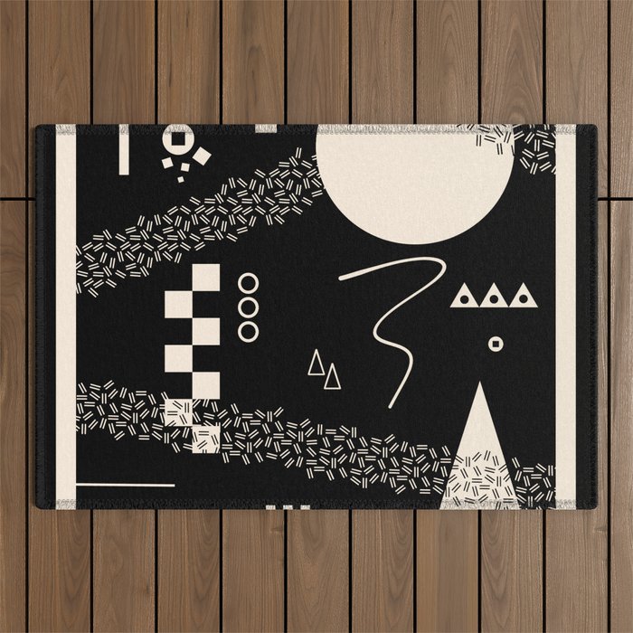 Memphis Redux New 80s Geometric Abstract Pattern in Black and Almond Cream Outdoor Rug Gallery Image 1