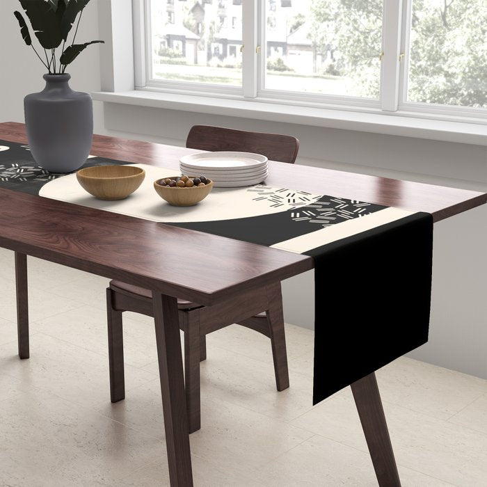 Memphis Redux New 80s Geometric Abstract Pattern in Black and Almond Cream Table Runner Gallery Image 2