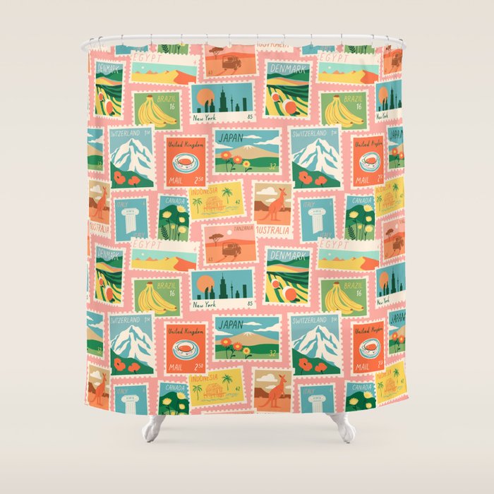 Vintage world travel postage stamp sticker pattern Shower Curtain Gallery Image 1