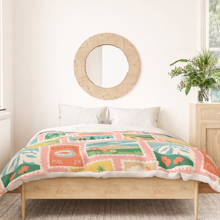 Vintage world travel postage stamp sticker pattern Duvet Cover Gallery Image 3