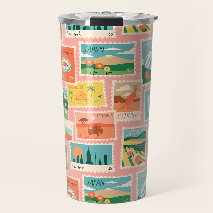 Vintage world travel postage stamp sticker pattern Travel Mug Gallery Image 1