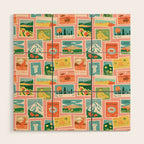 Vintage world travel postage stamp sticker pattern Wood Wall Art Gallery Image 1