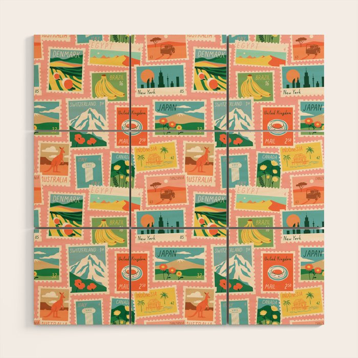 Vintage world travel postage stamp sticker pattern Wood Wall Art Gallery Image 1