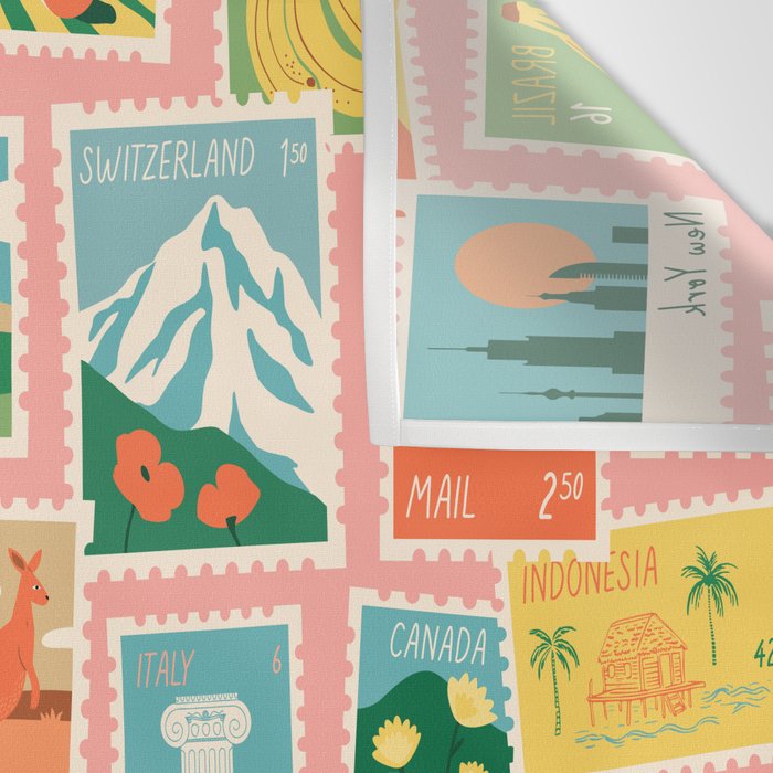 Vintage world travel postage stamp sticker pattern Wall Tapestry Gallery Image 3