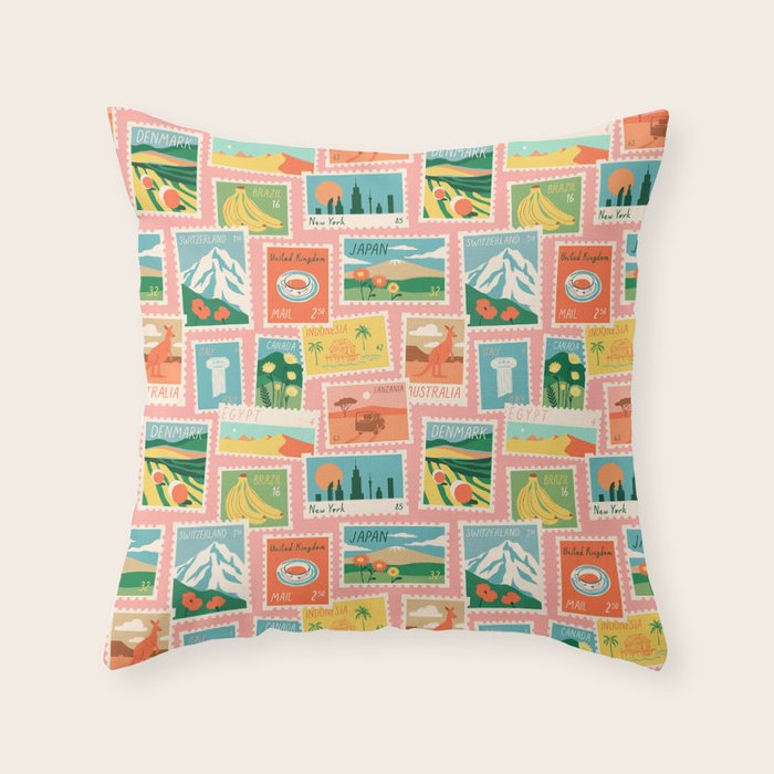 Vintage world travel postage stamp sticker pattern Throw Pillow Gallery Image 1