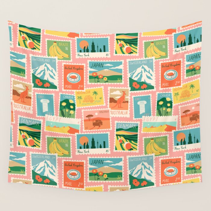 Vintage world travel postage stamp sticker pattern Wall Tapestry Gallery Image 4