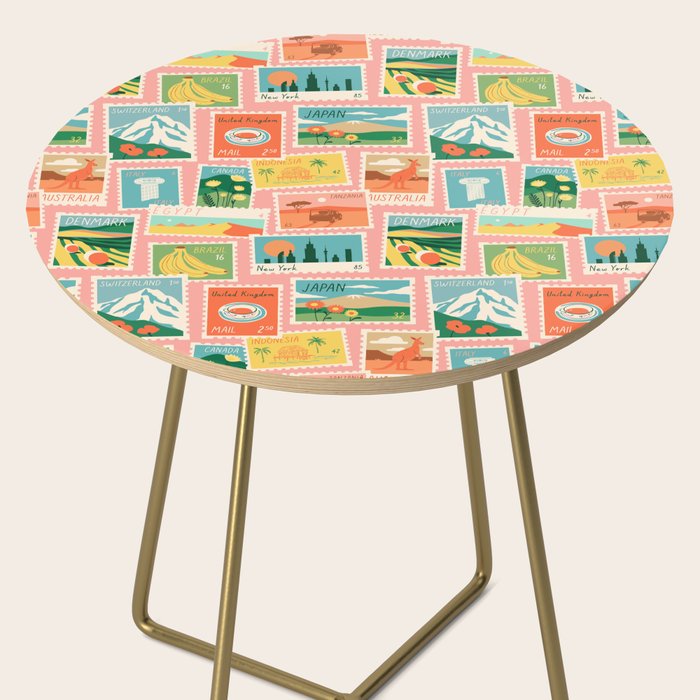 Vintage world travel postage stamp sticker pattern Side Table Gallery Image 2