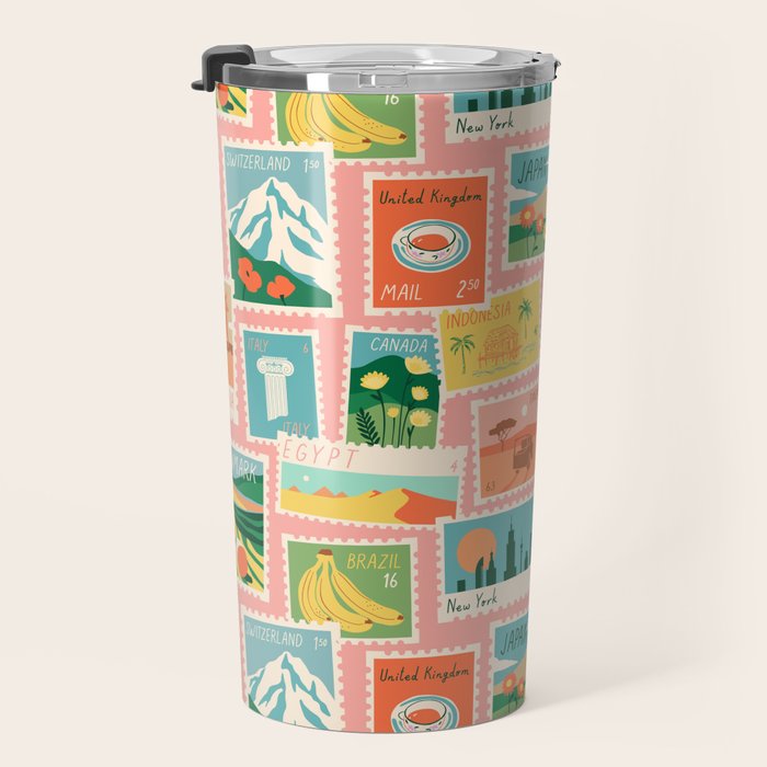 Vintage world travel postage stamp sticker pattern Travel Mug Gallery Image 3