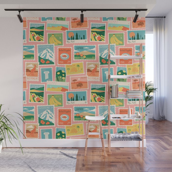 Vintage world travel postage stamp sticker pattern Wall Mural Gallery Image 1